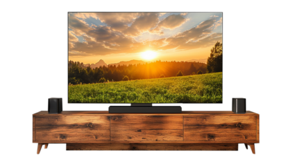 Wooden cabinet table with TV isolated on transparent background