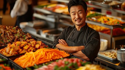 Smiling Asian Chef Standing in Front of Buffet Selection