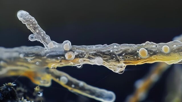A single elongated conidium with a smooth glossy surface branching off from a larger fungal structure. . AI generation.