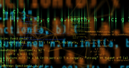 Lines of computer program code on a black background. A web-like connection of points in space. Virtual reality programming concept.