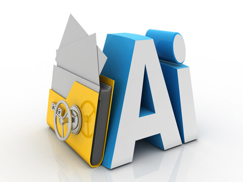 3d illustration Artificial Intelligence (AI) concept with folder protected lock
