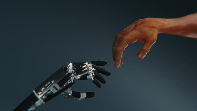 3D concept of AI destroying humanity. Reimagination of Michelangelo's The Creation of Adam painting.