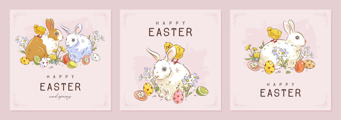 Happy easter square web banner, poster, flyer or greeting card set with hand drawn cartoon easter bunny, easter egg, chicken and flowers on pink background. Vector illustration
