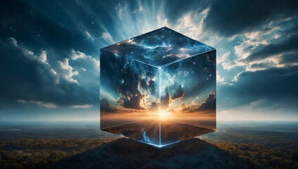 A translucent cube traps eerie clouds in the sky surrealism