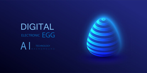 Digital electronic toy egg with lines pattern and switch symbol. Easter ai background in technological style. Vector technology illustration. - obrazy, fototapety, plakaty