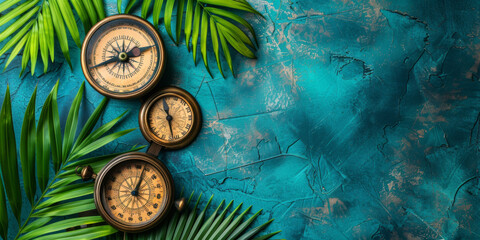 Three old fashioned clocks are placed on a blue background with palm leaves. The clocks are positioned at different angles and heights, creating a sense of depth and movement