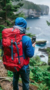 A man wearing a blue jacket and red backpack is taking a picture of the ocean. Concept of adventure and exploration, as the man is likely on a hiking trip or camping excursion
