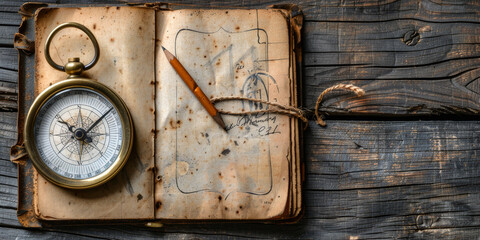 A vintage looking book with a compass and a pencil on it. The compass is pointing to the right