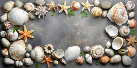 A collection of seashells and starfish arranged in a circle on a grey surface. The seashells and starfish are of various sizes and shapes, creating a visually interesting and diverse display