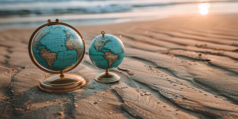 Two globes are on a sandy beach. The beach is near the ocean and the sun is setting - obrazy, fototapety, plakaty