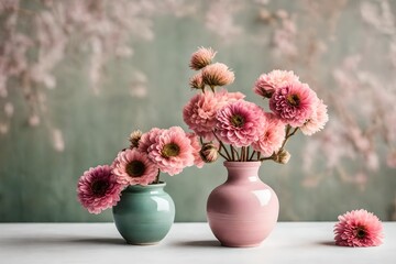 Dried decorative pink flowers in greenish ceramic vase isolated on white background. - Powered by Adobe