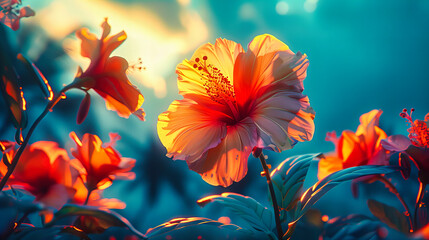Tropical Hibiscus Flower Close-Up, Bright Summer Bloom, Natures Vibrant Colors and Beauty - obrazy, fototapety, plakaty