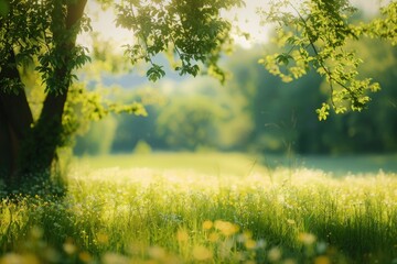 Summer landscape of a lush green field and trees with a blurred background