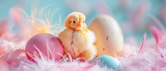 small chicken sits in a middle an egg,pastel background with feathers,easter.