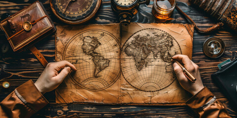 Fototapeta na wymiar A person is writing on a map of the world. The map is old and has a vintage feel to it