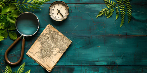 A map is on a table with a compass and magnifying glass. The map is of Africa and the compass is pointing to the right. Scene is adventurous and exploratory