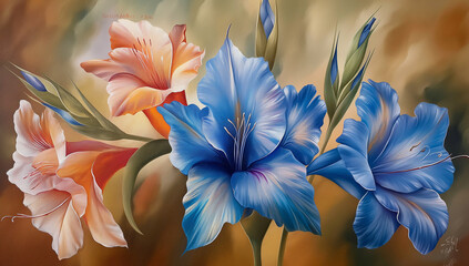  oil painting butterflies, A large blue gladioli , oil painting, warm colors - obrazy, fototapety, plakaty