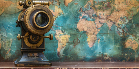 A vintage camera is placed on a wooden table next to a map of the world. The camera is old and has a vintage look to it, while the map is colorful and detailed. Concept of nostalgia and adventure
