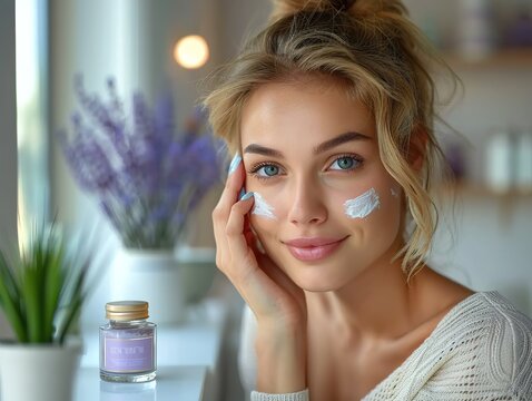 Healthy woman applying facial cream photostock