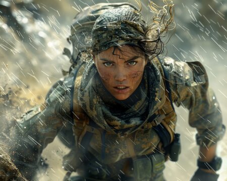 Rebel fighter, camouflage gear, fearless heroine, navigating through a war-torn landscape, rain pouring down, 3D render, backlighting, motion blur