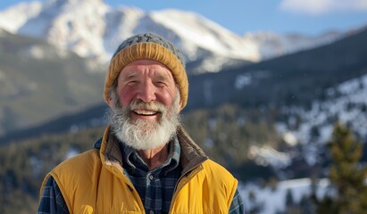 Fototapeta premium Smiling elderly man with white beard enjoying winter mountain view