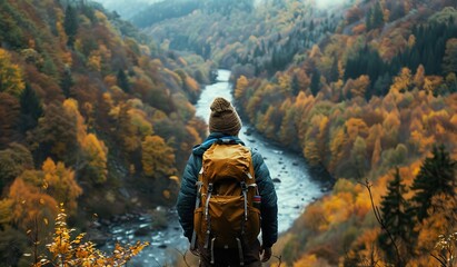 Autumn hiking adventure with backpack in forest