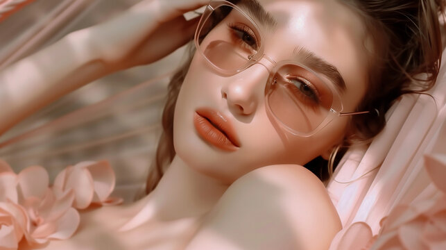 Russian model with soft skin using sunglasses lay down on hammoc