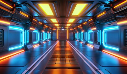 Futuristic corridor with neon lights in a sci-fi spaceship interior