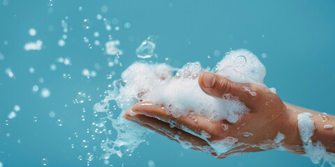 Adult hands with white soap foam bubbles on blue studio background. Soapy liquid texture with bubbles. Skin care cleansing cosmetic skincare care of yourself. Copy paste empty place for text