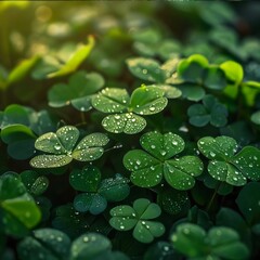 green clovers with dewdrops on a field at sunrise.