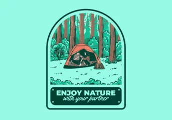 Zelfklevend Fotobehang Camping in nature with partner. Vintage outdoor illustration © Adipra