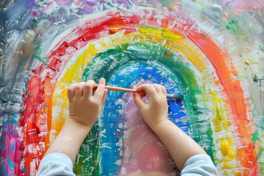 Child Hands Drawing Rainbow, Kids Paint, Little Boy Hands Doing Rainbow Art Homework, Kids Educational