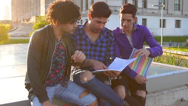 University Pride: Group of Gay Students checking notes at golden hour.