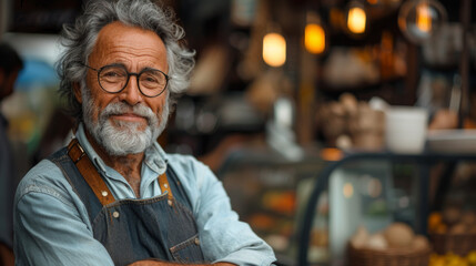 Fototapeta premium Happy smiling confident european middle aged older adult man small local business owner standing outside own cafe looking away and dreaming. Old senior entrepreneur portrait. Entrepreneurship.