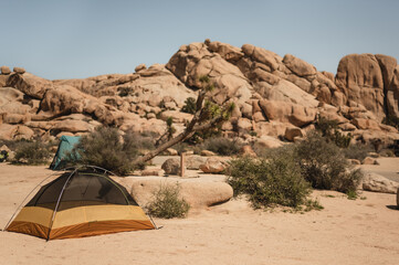 Camping tent at Joshua Tree National Park campground in desert