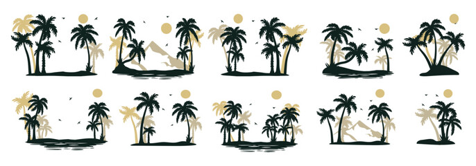 collection of palm landscapes with water and mountains vector silhouette. set of summer landscapes with palm trees vector silhouette