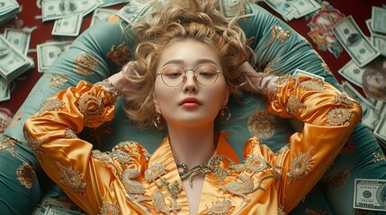 Elegant Woman in Gold Dress Lying on Money