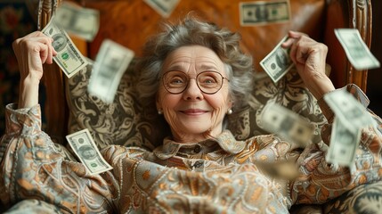 Joyful Senior Woman with Falling Money