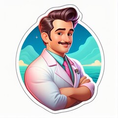 Cartoon sticker showing a smiling doctor with a cute mustache and luxurious hairstyle. 