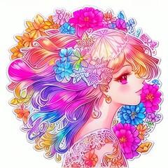 Colorful illustration of a young woman with her hair surrounded by flowers.