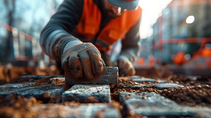 Close-up Construction worker laying bricks on a new pavement site

