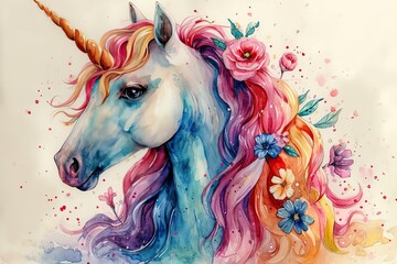 Watercolor unicorn with flowers on white background.