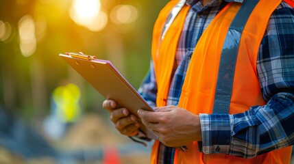 Construction supervisor inspecting clipboard on construction site