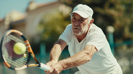 An elderly, athletic man on the tennis court in a white cap and white polo shirt with a tennis racket is hitting a serve in the dynamics. Sports and older people.