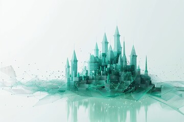 Digital castle made of data and polygons with digital field, minimalism 3d render green color at white background - obrazy, fototapety, plakaty
