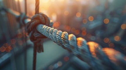Knot on steel cable with sunset urban backdrop