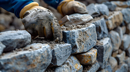 A bricklayer constructs a stone wall using wood, metal tools, and building materials like bricks and rocks close-up - obrazy, fototapety, plakaty