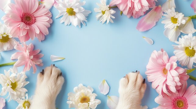 Charming Mothers Day photo frame, adorned with dog paws and spring flowers, isolated, ample space for family and pet photos