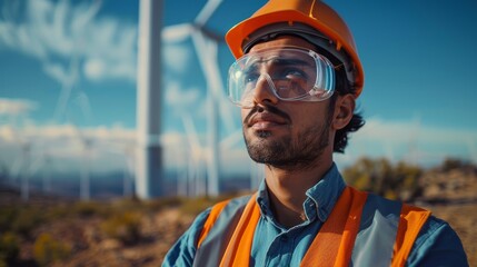 Renewable energy engineer with hard hat at wind farm under clear sky
