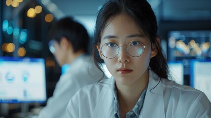Young Asian female data analyst concentrating in a network server room
